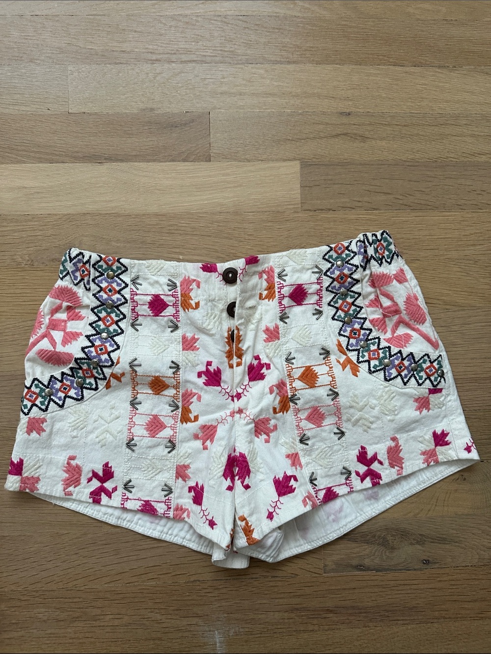 Anthropologie White High-Waist Embroidered Shorts with Pink & Orange Accents